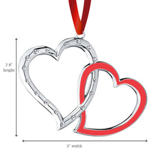 Load image into Gallery viewer, Silver Christmas Ornament - Our First Christmas Ornament - Love Ornament - Double Heart Ornament -  Couple Ornament - Interlocking Studded Crystal And Red Enamel Heart - Wedding Ornament by Klikel