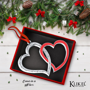 Silver Christmas Ornament - Our First Christmas Ornament - Love Ornament - Double Heart Ornament -  Couple Ornament - Interlocking Studded Crystal And Red Enamel Heart - Wedding Ornament by Klikel