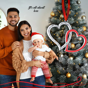 Silver Christmas Ornament - Our First Christmas Ornament - Love Ornament - Double Heart Ornament -  Couple Ornament - Interlocking Studded Crystal And Red Enamel Heart - Wedding Ornament by Klikel