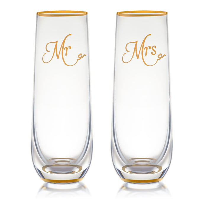 Stemless Wedding Champagne Flute - Mr And Mrs Champagne Flutes With Gold Rim & Base - Wedding Gift for Bride And Groom Champagne Glass - Bride Gift - Mr And Mrs Gift Set of 2 By Trinkware