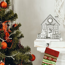 Load image into Gallery viewer, Stocking Holder - House Christmas Stocking Hanger for Mantel - Shiny Winter House Christmas Stocking Holder for Fireplace Mantle with 2D Snowman and Tree- Heavy Stocking Holder for Mantle