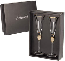 Load image into Gallery viewer, Wedding Champagne Flutes - Rhinestone &quot;Diamond&quot; Studded Toasting Glasses with Gold Rim - Long Stem, 7oz, 11-Inches Tall – Elegant Glassware and Stemware - Set of 2 For Bride and Groom