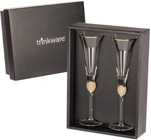 Wedding Champagne Flutes - Rhinestone "Diamond" Studded Toasting Glasses with Gold Rim - Long Stem, 7oz, 11-Inches Tall – Elegant Glassware and Stemware - Set of 2 For Bride and Groom