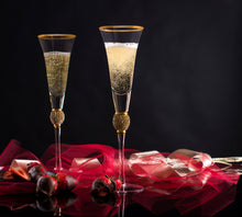 Load image into Gallery viewer, Wedding Champagne Flutes - Rhinestone &quot;Diamond&quot; Studded Toasting Glasses with Gold Rim - Long Stem, 7oz, 11-Inches Tall – Elegant Glassware and Stemware - Set of 2 For Bride and Groom