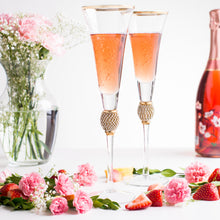 Load image into Gallery viewer, Wedding Champagne Flutes - Rhinestone &quot;Diamond&quot; Studded Toasting Glasses with Gold Rim - Long Stem, 7oz, 11-Inches Tall – Elegant Glassware and Stemware - Set of 2 For Bride and Groom
