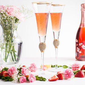Wedding Champagne Flutes - Rhinestone "Diamond" Studded Toasting Glasses with Gold Rim - Long Stem, 7oz, 11-Inches Tall – Elegant Glassware and Stemware - Set of 2 For Bride and Groom