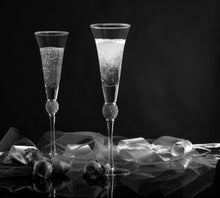 Load image into Gallery viewer, Wedding Champagne Flutes - Rhinestone &quot;Diamond&quot; Studded Toasting Glasses with Gold Rim - Long Stem, 7oz, 11-Inches Tall – Elegant Glassware and Stemware - Set of 2 For Bride and Groom
