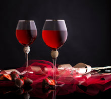 Load image into Gallery viewer, Set of 2 Wine Glasses - Rhinestone &quot;Diamond&quot; Studded with Silver Rim - Long Stem, 16oz, 10-Inches Tall – Elegant Glassware and Stemware