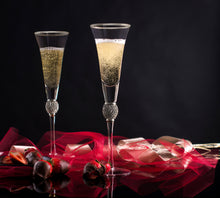 Load image into Gallery viewer, Set of 2 Champagne Flutes - Rhinestone &quot;Diamond&quot; Studded Glasses with Silver Rim - Long Stem, 7oz, 11-Inches Tall – Elegant Glassware and Stemware