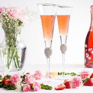 Set of 2 Champagne Flutes - Rhinestone "Diamond" Studded Glasses with Silver Rim - Long Stem, 7oz, 11-Inches Tall – Elegant Glassware and Stemware