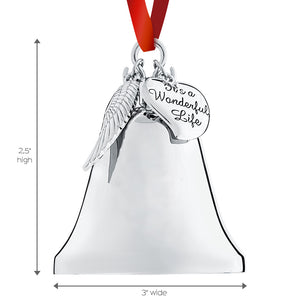 Christmas Bell Ornament - Shiny Silver Christmas Ornament - Ornament with Angel Wing and Heart Charms - It's A Wonderful Life Bell Ornament for Christmas Tree - Silver Bell with Gift Box by Klikel