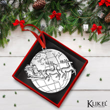 Load image into Gallery viewer, Santa Christmas Ornament - Silver Christmas Ornament - Santa Ornament - Santa Reindeer and Sleigh - Santa Ride Around The Globe - Silver Ornament with Red Ribbon and Gift Box By Klikel