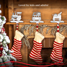 Load image into Gallery viewer, Train Stocking Holder Set of 3 - Christmas Train Stocking Hanger for Mantel - Shiny Silver Metal Christmas Stocking Holder for Fireplace Mantle - Heavy Stocking Holder for Mantle with Hook