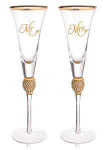 Wedding Champagne Flute - Mr and Mrs Champagne Flute With Gold Rim - Wedding Gift for Couple - Rhinestone Studded Bride and Groom Champagne Glass - Bride Gift - Mr and Mrs Gift Set of 2 By Trinkware