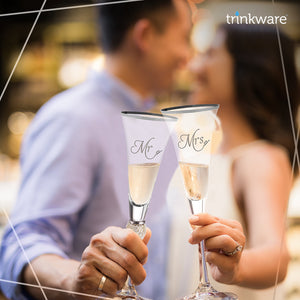 Wedding Champagne Flute - Mr and Mrs Champagne Flute With Silver Rim - Wedding Gift for Couple - Rhinestone Studded Bride and Groom Champagne Glass - Bride Gift - Mr and Mrs Gift Set of 2 By Trinkware