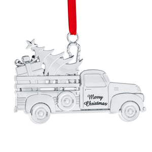 Christmas Ornament - Shiny Silver Christmas Ornament - Metal Christmas Pickup Truck Ornament for Christmas tree - Christmas Ornament Engraved Merry Christmas - Silver Ornament with Gift Box By Klikel