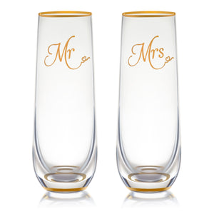 Mr & Mrs Stemless Champagne Gold Rim