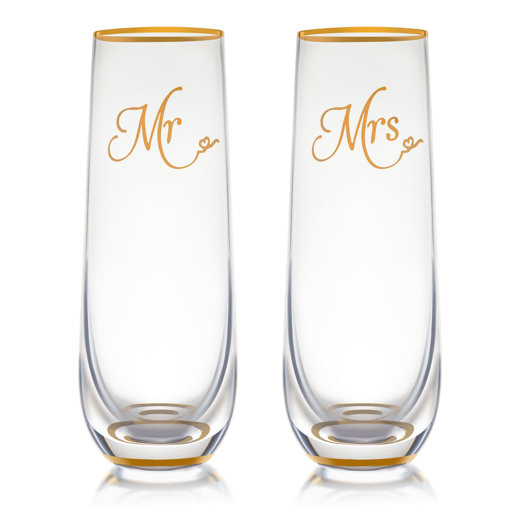 Mr & Mrs Stemless Champagne Gold Rim