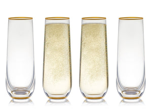 Stemless Champagne Flute Glass Set Of 4 With Gold Rim And Base
