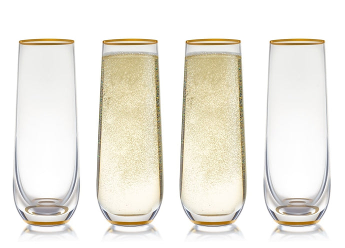 Stemless Champagne Flute Glass Set Of 4 With Gold Rim And Base - Mimosa Glass - Perfect For Bridesmaid Champagne Flute Or Dailyware - Set Of 4 Champagne Flutes Without Stems by Trinkware