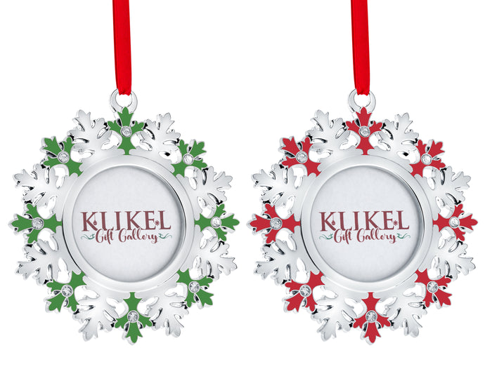 Christmas Photo Ornament - Snowflake Photo Frame Silver Christmas Ornament - Set of 2 Snowflake Picture Ornament for Christmas Tree - Red and Green Snowflake Picture Frame Ornament for Tree By Klikel