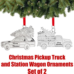 Christmas Ornament - Shiny Silver Christmas Ornament - Christmas Pickup Truck and Station Wagon Ornament for Christmas tree - Christmas Ornament Engraved Merry Christmas - Silver Ornament By Klikel
