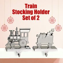 Load image into Gallery viewer, Train Stocking Holder Set of 2 - Christmas Train Stocking Hanger for Mantel - Shiny Silver Metal Christmas Stocking Holder for Fireplace Mantle - Heavy Stocking Holder for Mantle with Hook By Klikel