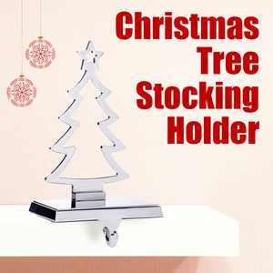 Stocking Holder - Christmas Tree Stocking Hanger for Mantel - Shiny Silver Metal Christmas Stocking Holder for Fireplace Mantle - Heavy Stocking Holder for Mantle with Hook - Holds 3lbs