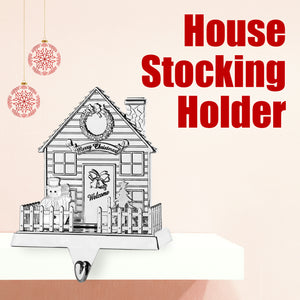 Stocking Holder - House Christmas Stocking Hanger for Mantel - Shiny Winter House Christmas Stocking Holder for Fireplace Mantle with 2D Snowman and Tree- Heavy Stocking Holder for Mantle