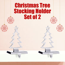 Load image into Gallery viewer, Stocking Holder Set of 2 - Christmas Tree Stocking Hanger for Mantel - Shiny Silver Metal Christmas Stocking Holder for Fireplace Mantle - Heavy Stocking Holder for Mantle with Hook