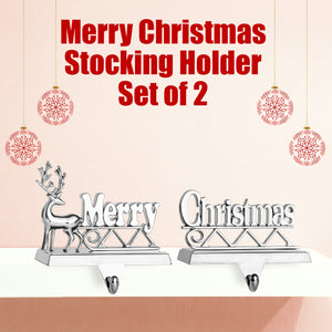Stocking Holder Set of 2 - Marry Christmas Reindeer Stocking Hanger for Mantel - Shiny Silver Metal Deer Marry Christmas Stocking Holder for Fireplace Mantle - Heavy Stocking Holder for Mantle