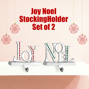 Stocking Holder Set of 2 - Joy Noel Christmas Stocking Hanger for Mantel - Shiny Silver Metal Christmas Stocking Holder for Fireplace Mantle - Heavy Stocking Holder for Mantle with Hook