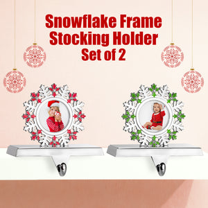 Stocking Holder Set of 2 - Snowflake Christmas Stocking Hanger for Mantel - Photo Frame Christmas Stocking Holder for Fireplace Mantle - Picture Frame Heavy Stocking Holder for Mantle with Hook