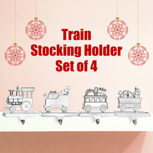 Stocking Holder Set of 4 - Christmas Train Stocking Hanger for Mantel - Shiny Silver Metal Christmas Stocking Holder for Fireplace Mantle - Heavy Stocking Holder for Mantle with Hook By Klikel