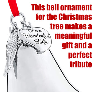 Christmas Bell Ornament - Shiny Silver Christmas Ornament - Ornament with Angel Wing and Heart Charms - It's A Wonderful Life Bell Ornament for Christmas Tree - Silver Bell with Gift Box by Klikel