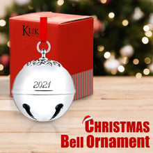 Load image into Gallery viewer, Sleigh Bell 2021 Ornament - Silver Christmas Ornament 2021 - Bell Ornament for Christmas Tree - With red ribbon and gift box - Shiny Christmas Bell Ornament Engraved 2021- 7th Annual Edition by Klikel