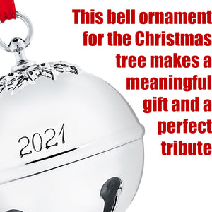 Sleigh Bell 2021 Ornament - Silver Christmas Ornament 2021 - Bell Ornament for Christmas Tree - With red ribbon and gift box - Shiny Christmas Bell Ornament Engraved 2021- 7th Annual Edition by Klikel