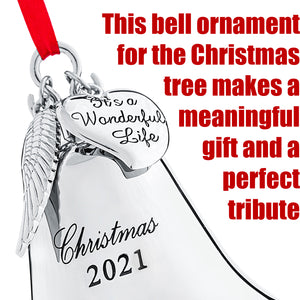 Christmas Bell Ornament 2021 - Shiny Silver Christmas Ornament 2021 - 2021 Ornament with Angel Wing and Heart Charms - It's A Wonderful Life Bell Ornament for Christmas Tree - 2nd Edition by Klikel
