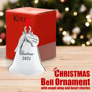 Christmas Bell Ornament 2021 - Shiny Silver Christmas Ornament 2021 - 2021 Ornament with Angel Wing and Heart Charms - It's A Wonderful Life Bell Ornament for Christmas Tree - 2nd Edition by Klikel