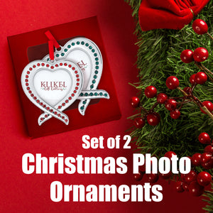 Christmas Photo Ornament - Heart Photo Frame Silver Christmas Ornament - 2 Pc Heart Picture Ornament for Christmas Tree - Red and Green Heart Picture Frame Ornament for Tree with Gift Box by Klikel