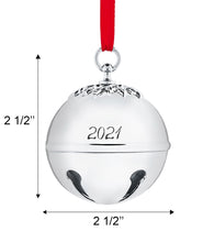 Load image into Gallery viewer, Sleigh Bell 2021 Ornament - Silver Christmas Ornament 2021 - Bell Ornament for Christmas Tree - With red ribbon and gift box - Shiny Christmas Bell Ornament Engraved 2021- 7th Annual Edition by Klikel