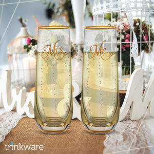 Stemless Wedding Champagne Flute - Mr And Mrs Champagne Flutes With Gold Rim & Base - Wedding Gift for Bride And Groom Champagne Glass - Bride Gift - Mr And Mrs Gift Set of 2 By Trinkware