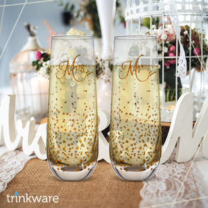 Stemless Wedding Champagne Flute - Mr And Mrs Champagne Flutes With Gold Dots - Wedding Gift for Bride And Groom Champagne Glass - Bride Gift - Mr And Mrs Gift Set of 2 By Trinkware