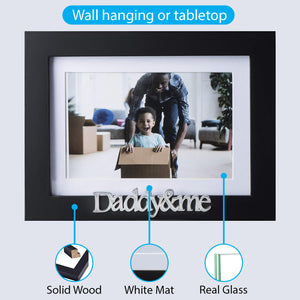 Daddy and Me Frame - Black Wood Picture Frame with Silver Sentiments - Holds 1 4x6 Photo with Mat or 1 5x7 Photo Without Mat - Wall Mount and Table Desk Display