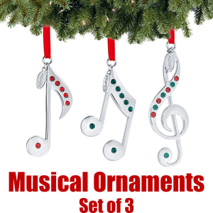 Klikel Christmas Ornament - Set of 3 Musical Notes Silver Christmas Ornament - Hanging Pendant - Ornament with Colored Stones - Musical Silver Ornament with Gift Box