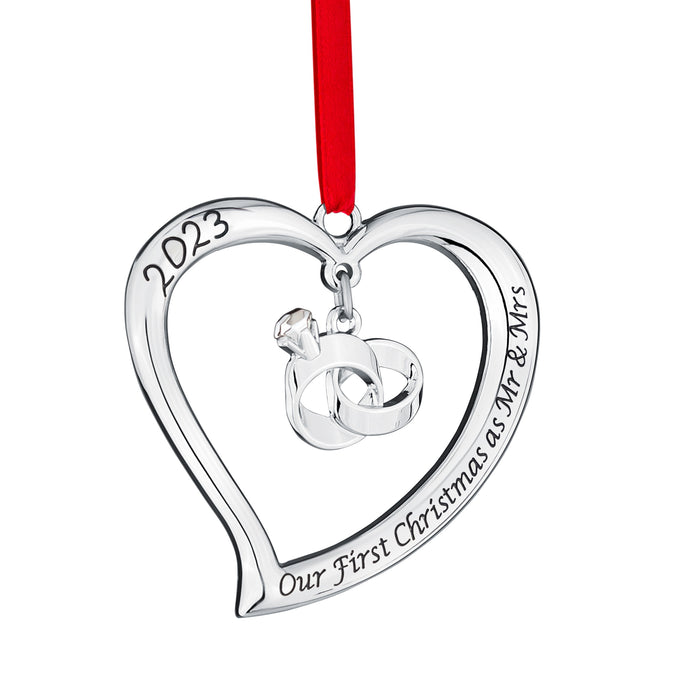 Our First Christmas Ornament 2023 As Mr & Mrs - Heart with Rings Our First Christmas Married Ornament 2023 - 1st Christmas Married Ornament 2023 - Just Married Newlywed Wedding Ornament 2023 By Klikel