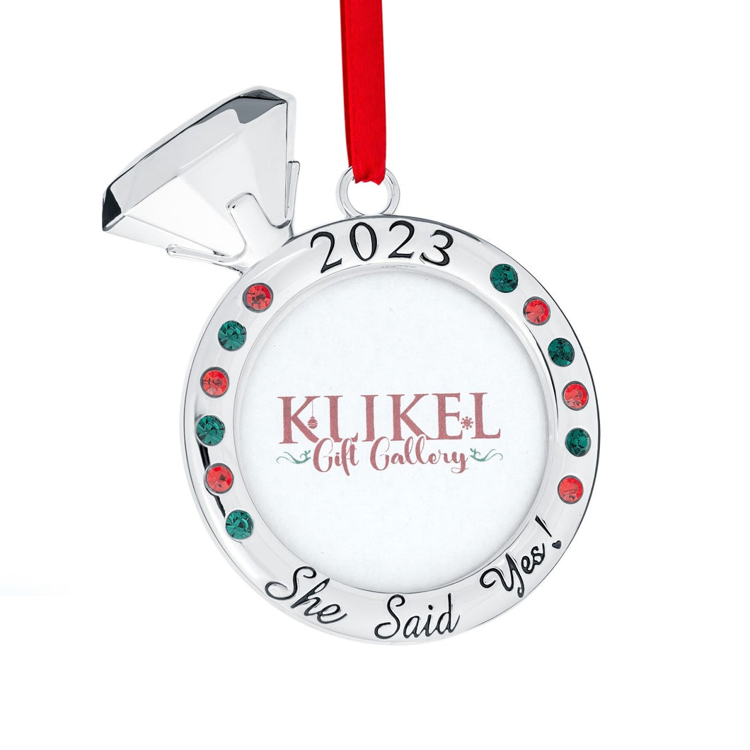 Our First Christmas Ornament 2023 - She Said Yes! Wedding Ring Picture Ornament for Christmas Tree - Engaged Christmas Ornament - 1st Christmas Together Ornament 2023 - Wedding Ornament 2023 By Klikel