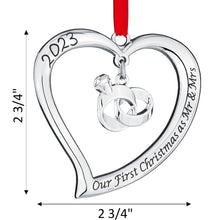 Load image into Gallery viewer, Our First Christmas Ornament 2023 As Mr &amp; Mrs - Heart with Rings Our First Christmas Married Ornament 2023 - 1st Christmas Married Ornament 2023 - Just Married Newlywed Wedding Ornament 2023 By Klikel