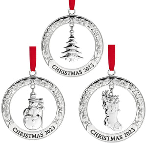 Klikel Christmas Ornament 2023 Set of 3 - Silver Wreath Design Ornament with Hanging Pendants of a Tree, Snowman, and stocking - 2023 Christmas Ornament Engraved ‘Christmas 2023’ with Classy Gift Box