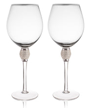 Load image into Gallery viewer, Set of 2 Wine Glasses - Rhinestone &quot;Diamond&quot; Studded with Silver Rim - Long Stem, 16oz, 10-Inches Tall – Elegant Glassware and Stemware